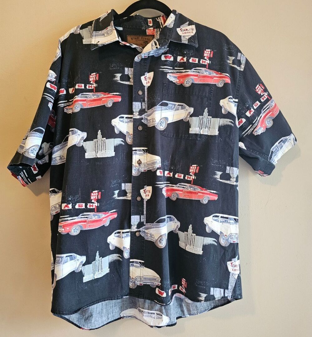 Men's XL ,  novelty Print Shirt Classic Cars Button Up shirt, Bluff Creek